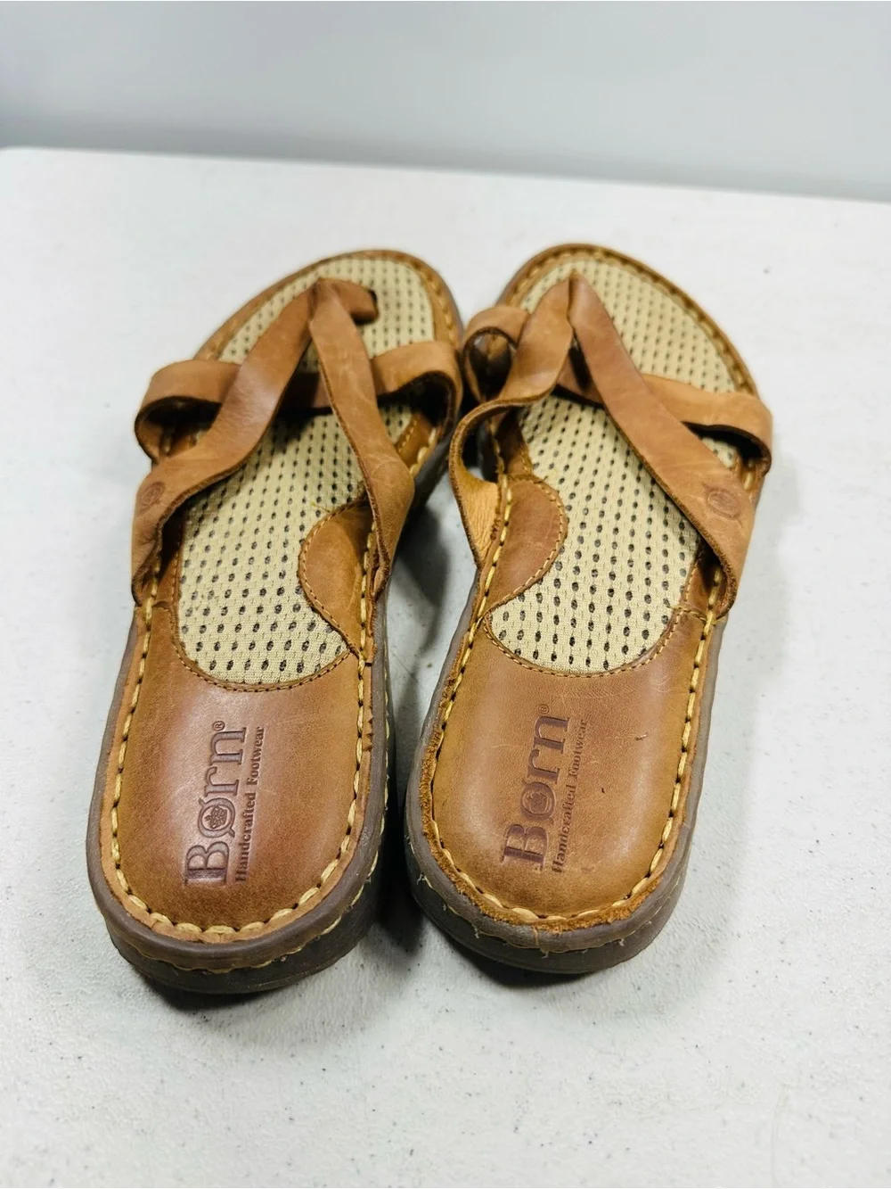 Born Tan Leather Crisscross Slide Sandals